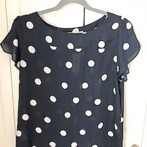 LOFT Navy Polka Dot Blouse w/ Cap Sleeve